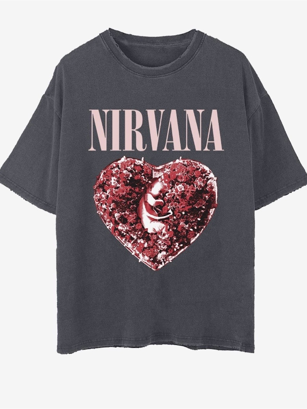 🆕 Charcoal Nirvana Tee with Pink Floral Heart Shaped Box Graphic